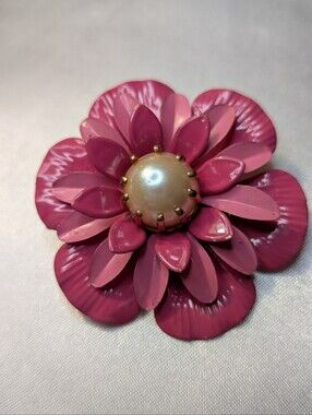 Vintage 1960s Pink Enamel Flower Brooch Faux Pearl Center Mod Retro Pin 2"
